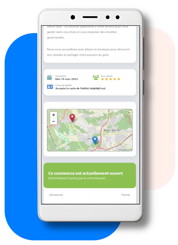 Une page personnalisable dans l'application pour présenter votre commerce